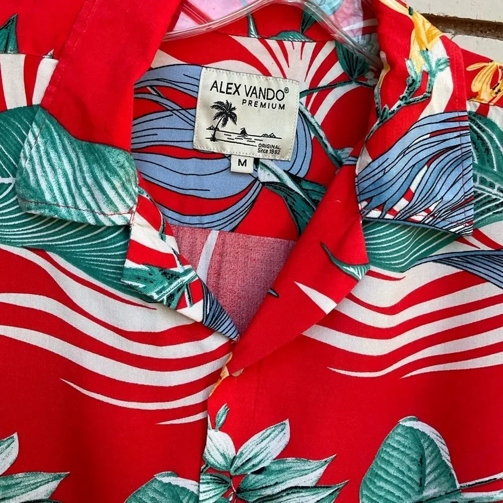 Alex Vando Premium Aloha Beach Hawaiian Button Down Shirt Orange Leaf Medium